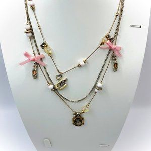 Betsey Johnson Triple Strand Ballerina Necklace Swan Ballet Shoes Pink Bows